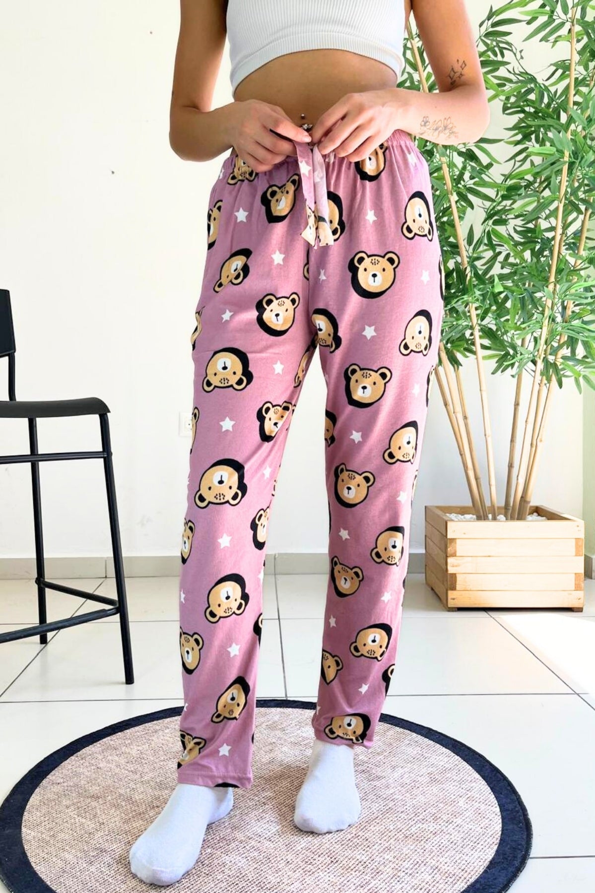 dreamy soft kadife dokulu ayicik desenli süet pijama alti pantolon