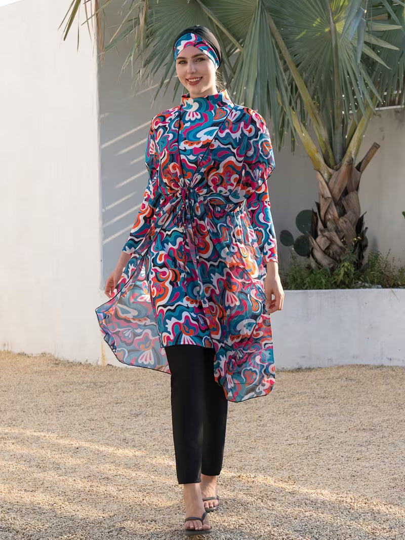 Burkini Femme Modeste 4 Pièces Imprimé – Ensemble Maillot de Bain avec Turban