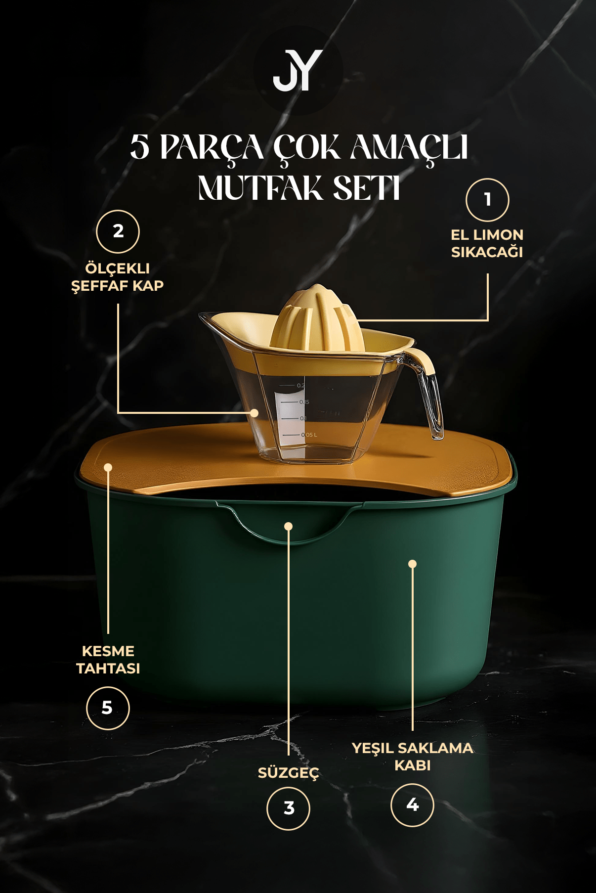 5 li Aura Profesyonel Çok Amaçlı Hazırlık Seti Karıştırma Kasesi Süzgeci Limon Sıkacağ Kesme Tahtası - Justyol