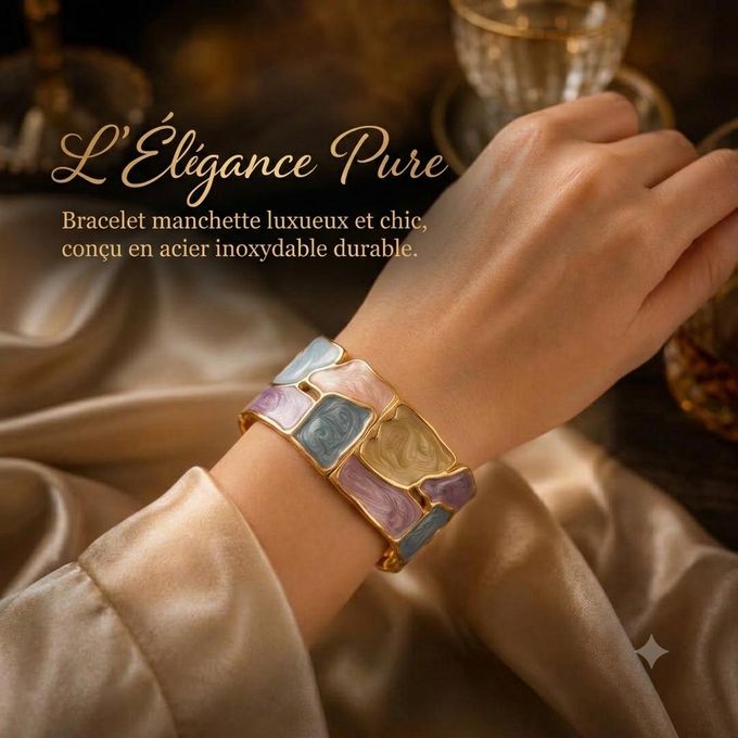 Bracelet Manchette Éclat Mosaïque -chic élégant tendance original – Acier Inoxydable & Émail Multicolore
