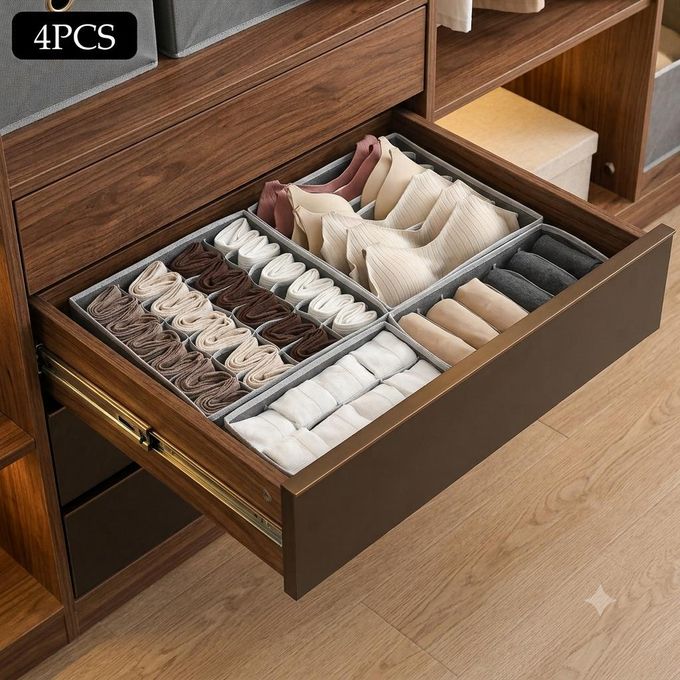 Kit de 4 organiseurs de rangement. plusieurs compartiments de tailles variées, classer soigneusement sous-vêtements, chaussettes, cravates, ceintures, foulards, vêtements et petits accessoires.