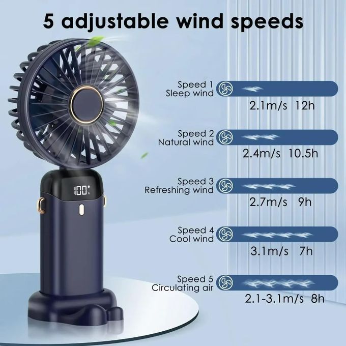 Mini Ventilateur Portable Rechargeable 3000mAh avec Écran LED, USB Pliable 3-en-1 à 5 Vitesses – Utilisation Main, Cou ou Bureau pour Voyage, Été, Bureau ou Maison