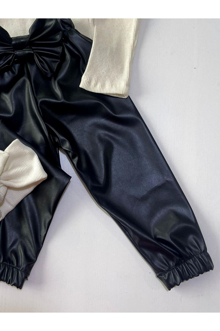 Pantalon Fille Effet Cuir avec Nœuds