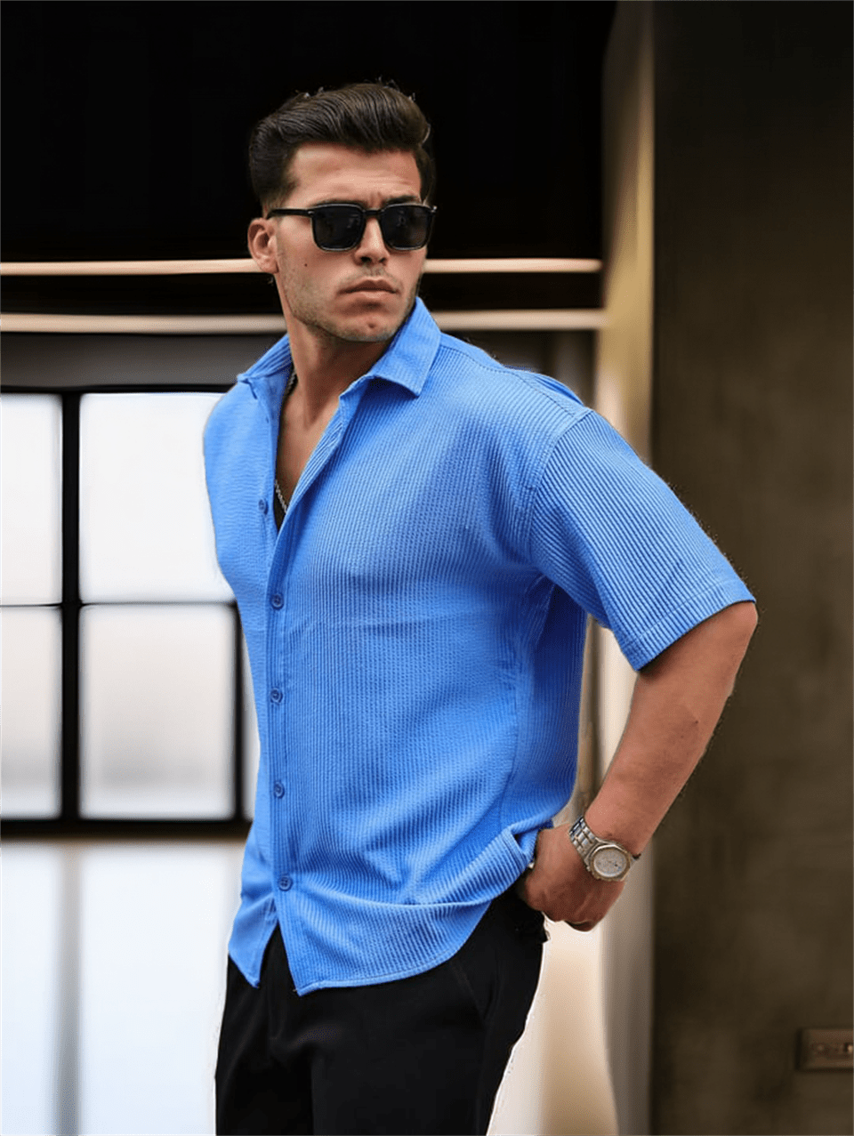 oversize rahat fitilli kisa kol erkek gömlek - Justyol