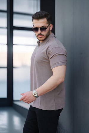 likrali örme yarim fermuar polo yaka erkek tişört - Justyol