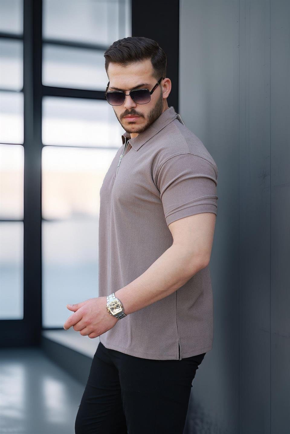 likrali örme yarim fermuar polo yaka erkek tişört - Justyol