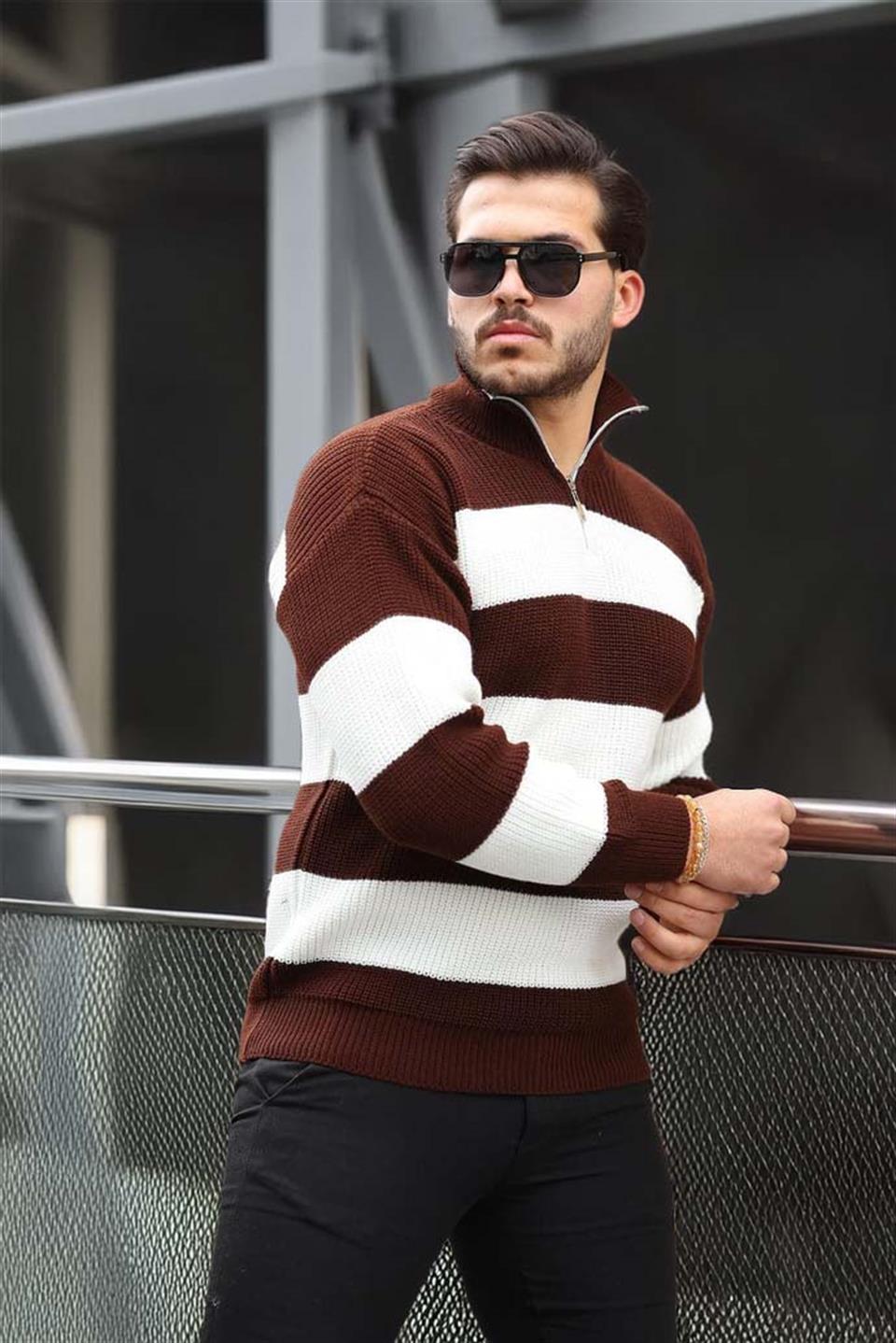 Pull Homme Pedro Rayé Demi-Zip en Maille Selanik