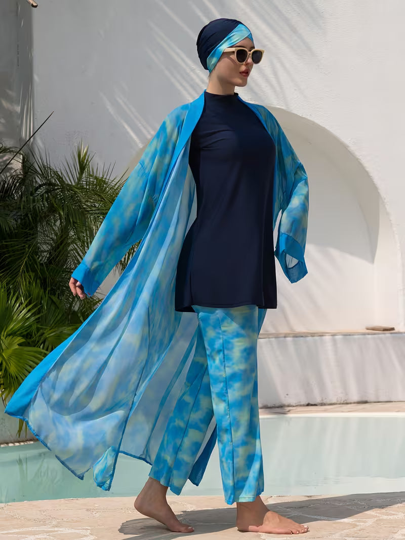 Ensemble Plage Femme 4 Pièces en Polyester – Maillot, Pantalon & Kimono