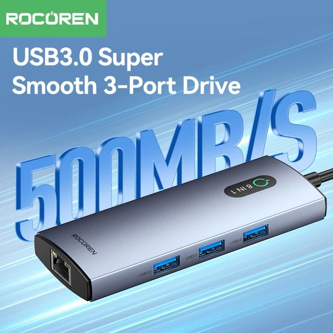 روكورين أورورا موزع USB-C متعدد المنافذ 8 في 1 بدقة 4K وشحن 100 واط