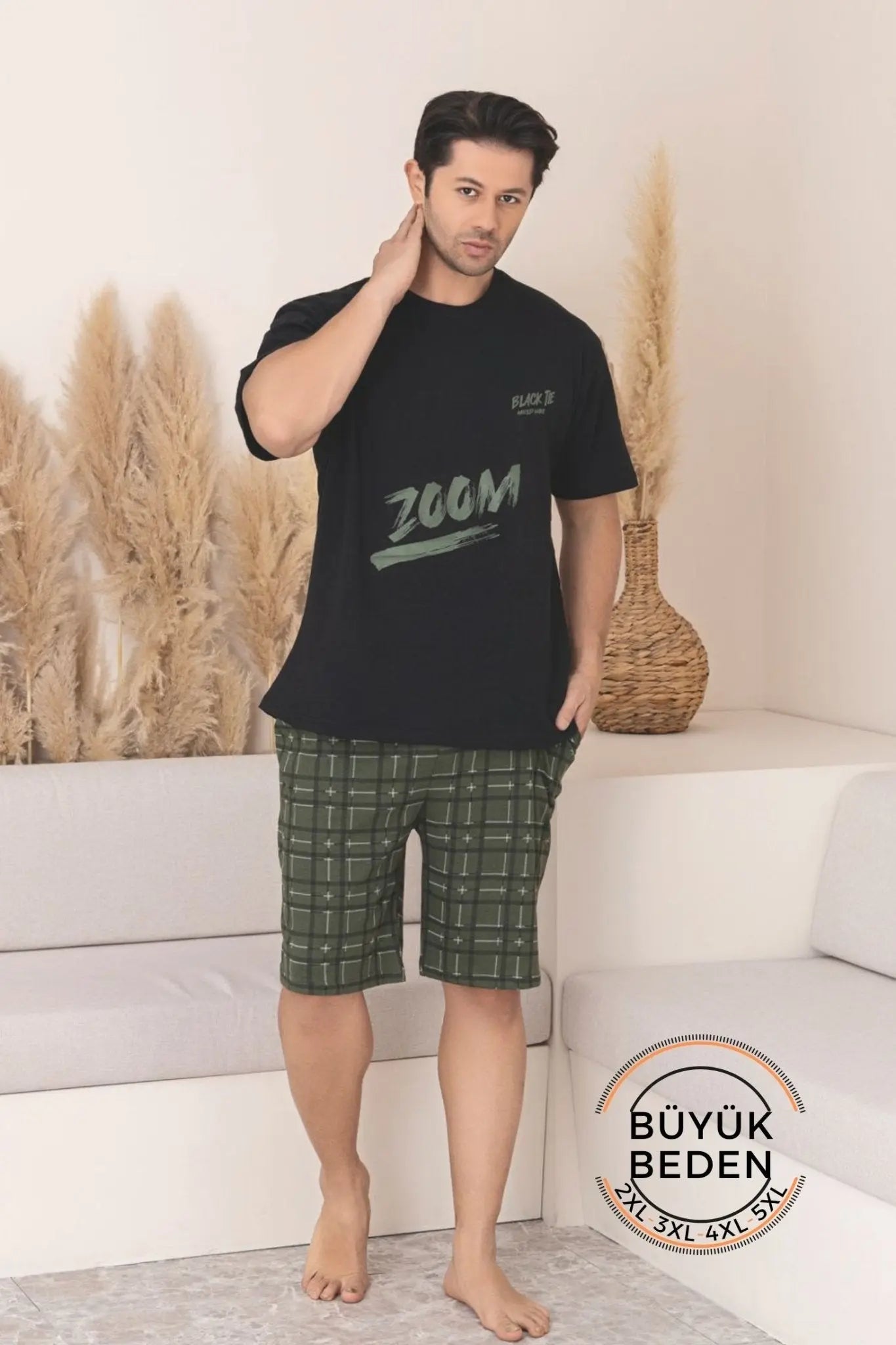 büyük beden pamuklu cepli kisa kollu şortlu erkek pijama takimi - Justyol