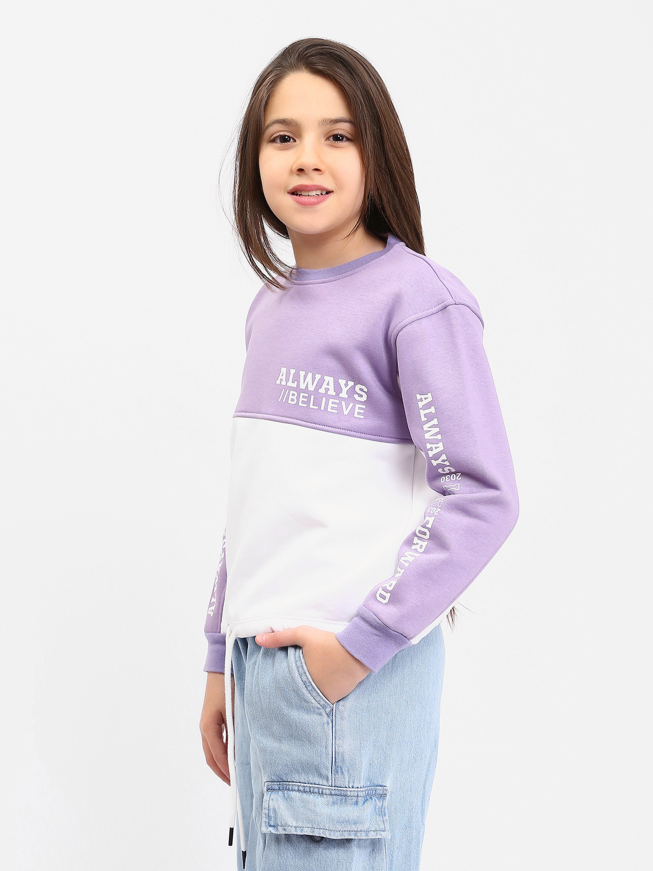 Sweat ado fille bicolore violet & blanc avec imprimés Always / Believe et lien ajustable - SWS25WRNL71270MR1