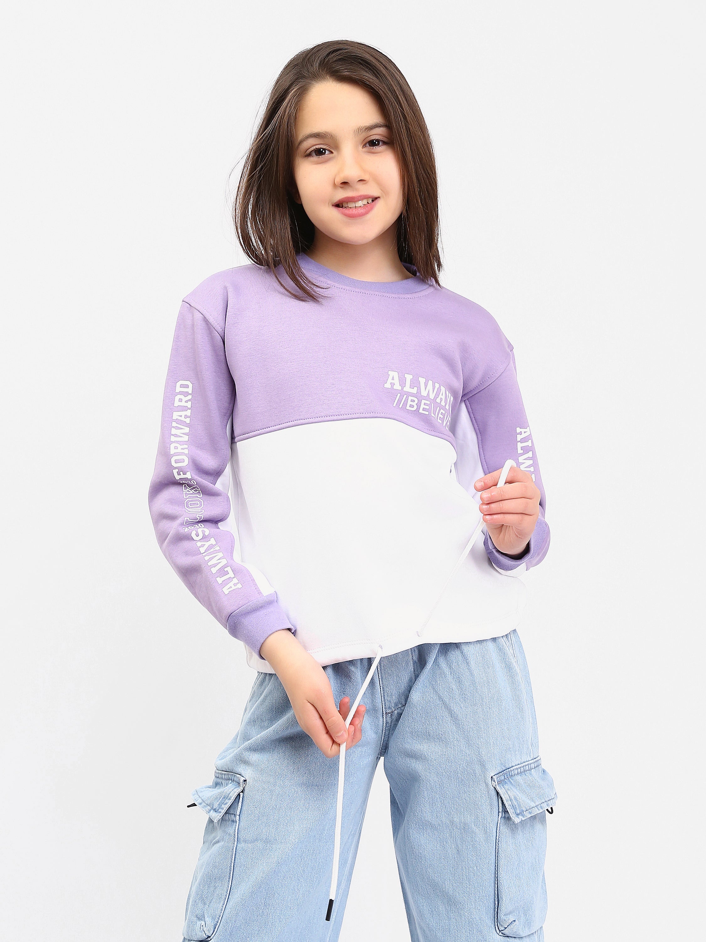 Sweat ado fille bicolore violet & blanc avec imprimés Always / Believe et lien ajustable - SWS25WRNL71270MR1
