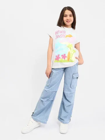 Pantalon Cargo Enfant en Jean Wide Leg – Taille Élastique & Poches - JOG25GDBP71445MR1 - Justyol