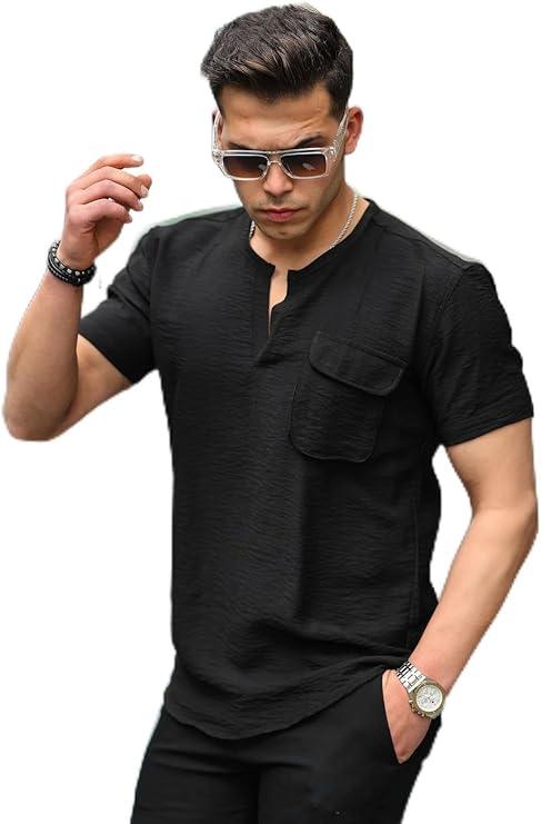 Chemise homme fit col V avec poche manches courtes