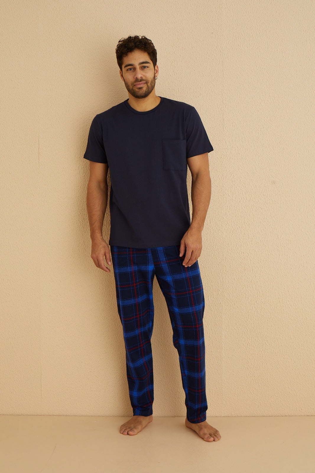 <tc>Ensemble de pyjama à manches courtes en coton à carreaux avec poches pour homme, Dreamy.</tc>