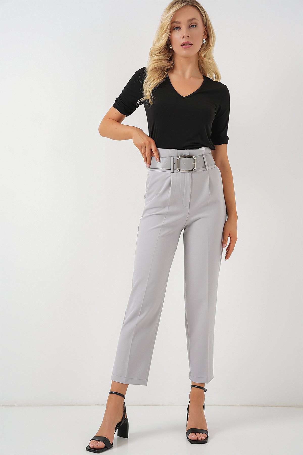 6556 kemerli kumaş pantolon - Justyol