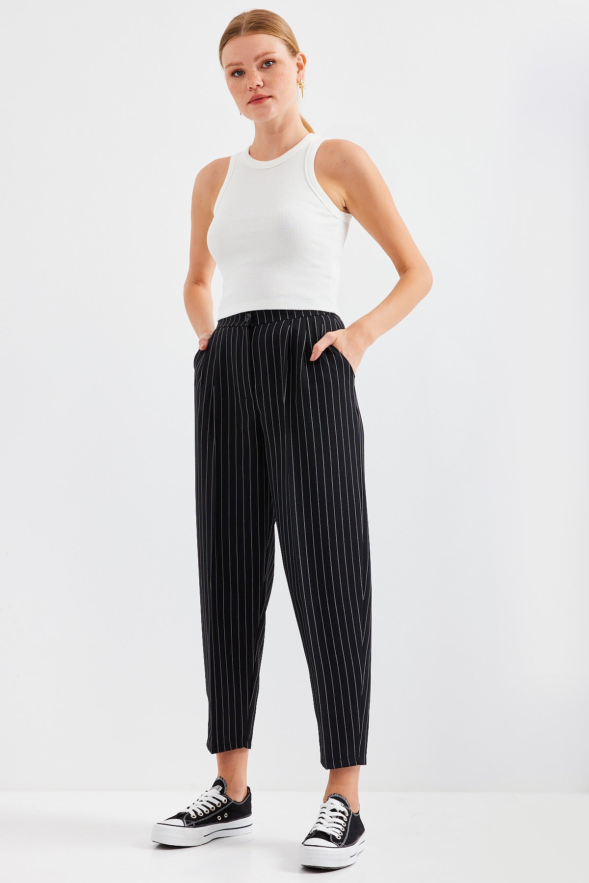 6637 pantalon en tissu à rayures taille haute