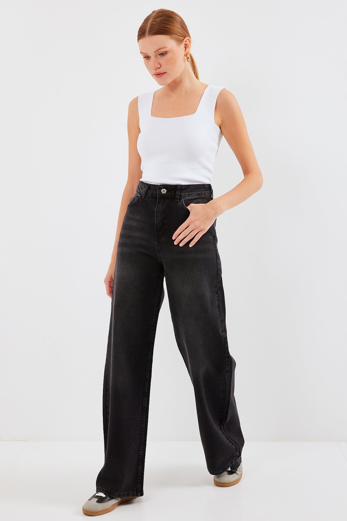 <tc>Pantalon palazzo en denim à taille haute et coupe large pour femme, 6702</tc>