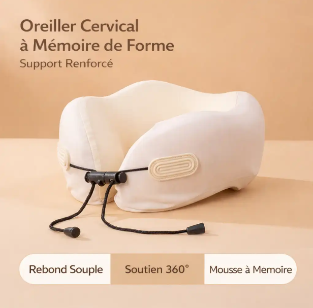 Oreiller de Voyage Ergonomique en U – Mousse à Mémoire de Forme, Soutien 360°, Housse Lavable