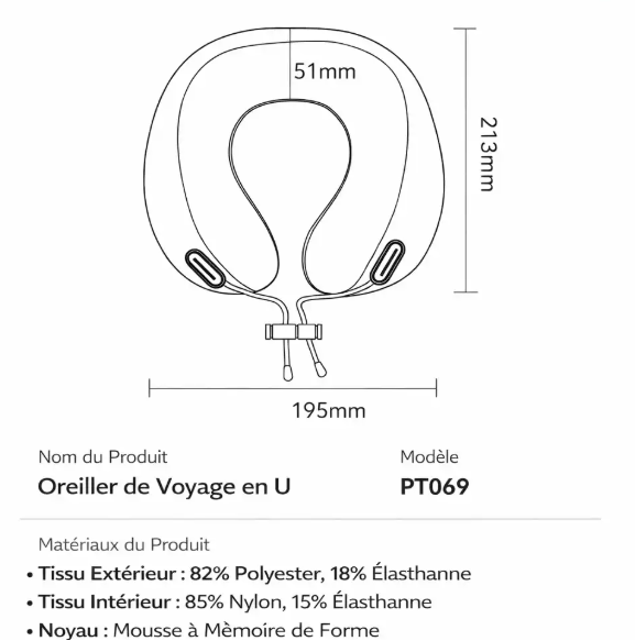 Oreiller de Voyage Ergonomique en U – Mousse à Mémoire de Forme, Soutien 360°, Housse Lavable
