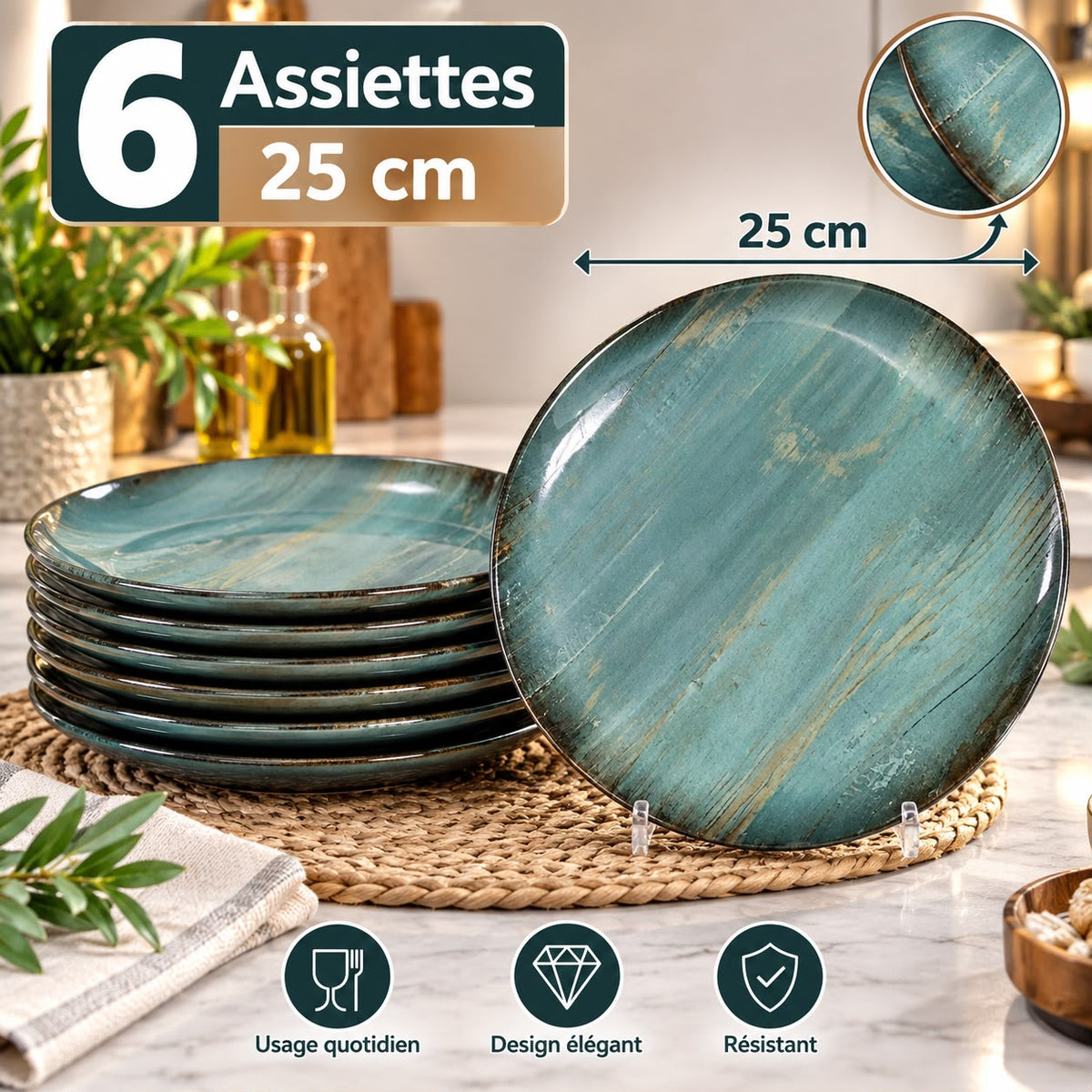 طقم 6 أطباق طعام دائرية بتصميم رخامي لامع – 25 سم