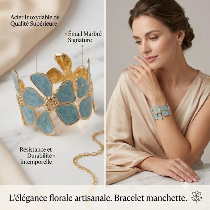 Bracelet Manchette Fleur Azur – Acier Inoxydable-Finition dorée brillante-Style féminin, raffiné et tendance