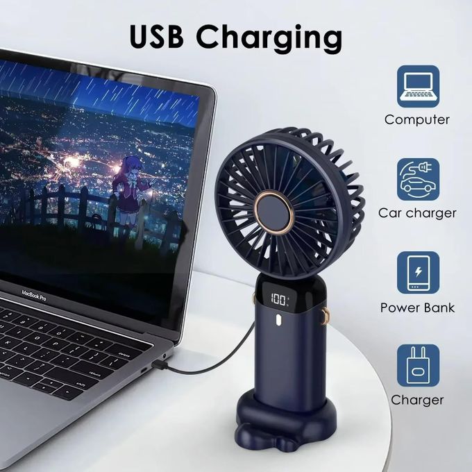 Mini Ventilateur Portable Rechargeable 3000mAh avec Écran LED, USB Pliable 3-en-1 à 5 Vitesses – Utilisation Main, Cou ou Bureau pour Voyage, Été, Bureau ou Maison