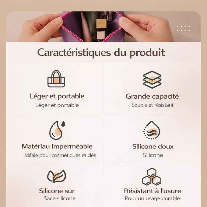 Mini pochette carrée en silicone avec fermeture éclair et lanière