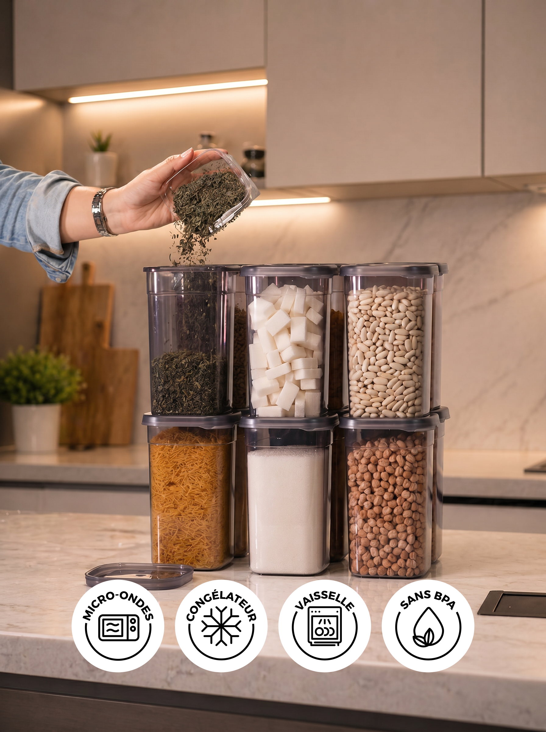 Set de 12 contenants carrés 1205 ml noirs avec étiquettes
