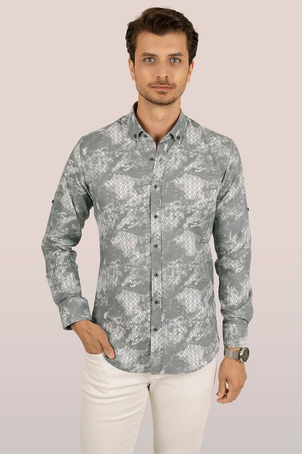 <tc>Chemise slimfit à motif vieilli gris et blanc, en boîte cadeau - 6464</tc>