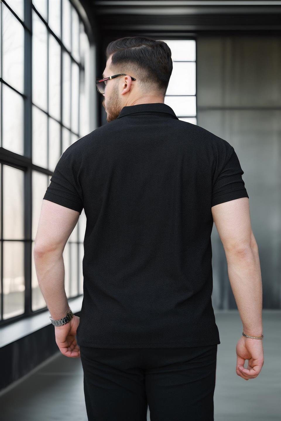 likrali örme yarim fermuar polo yaka erkek tişört - Justyol