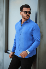 nefes alabilir müslin kumaş uzun kol yakali erkek gömlek - Justyol