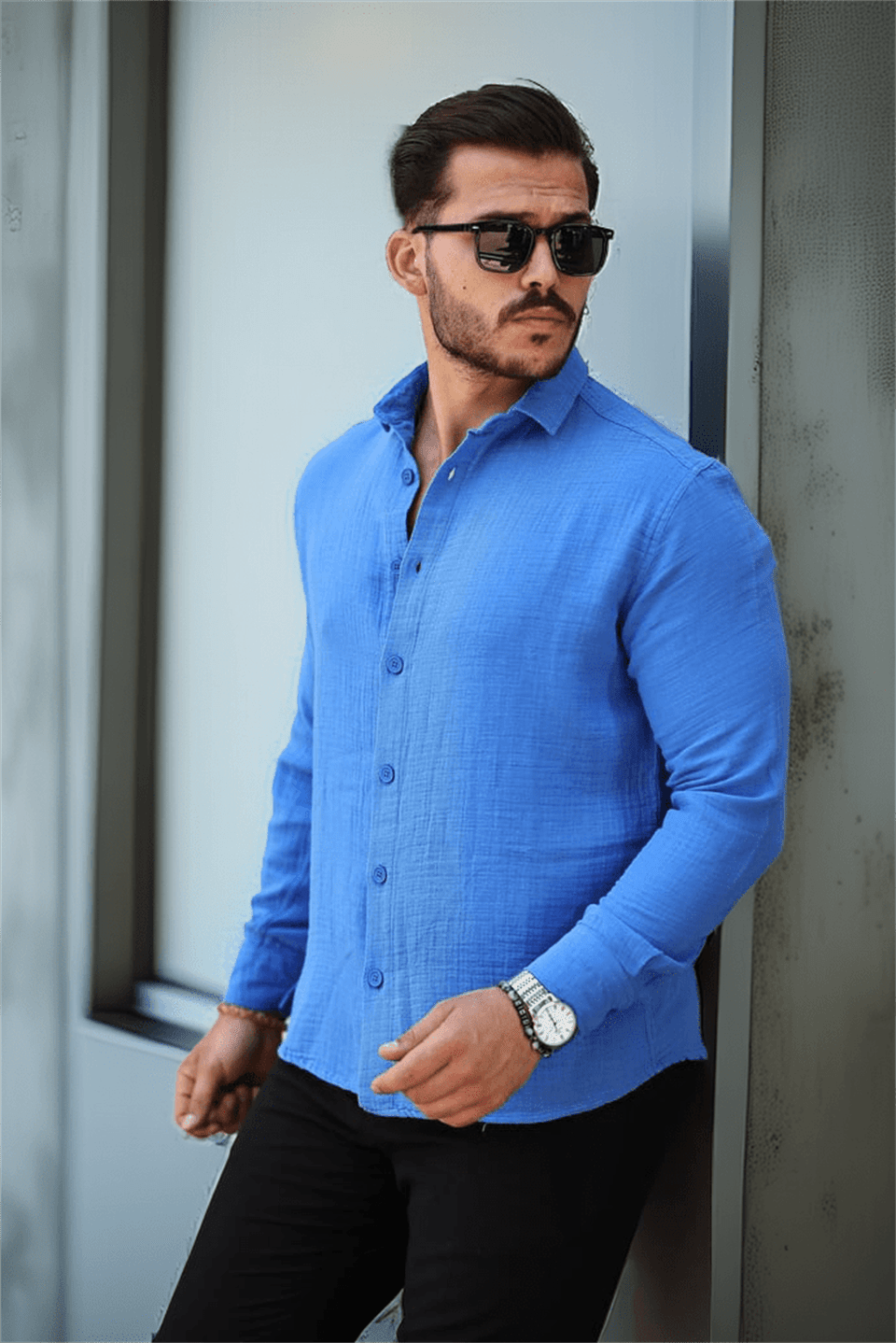 nefes alabilir müslin kumaş uzun kol yakali erkek gömlek - Justyol