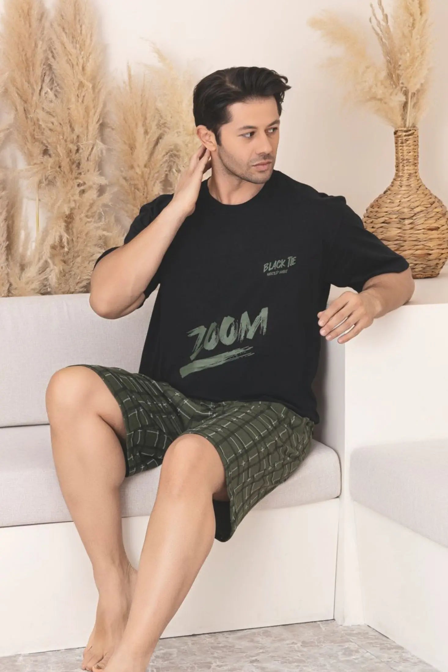 büyük beden pamuklu cepli kisa kollu şortlu erkek pijama takimi - Justyol