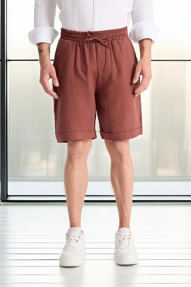 Short Homme en Mousseline de Coton à Revers – Coupe Confort