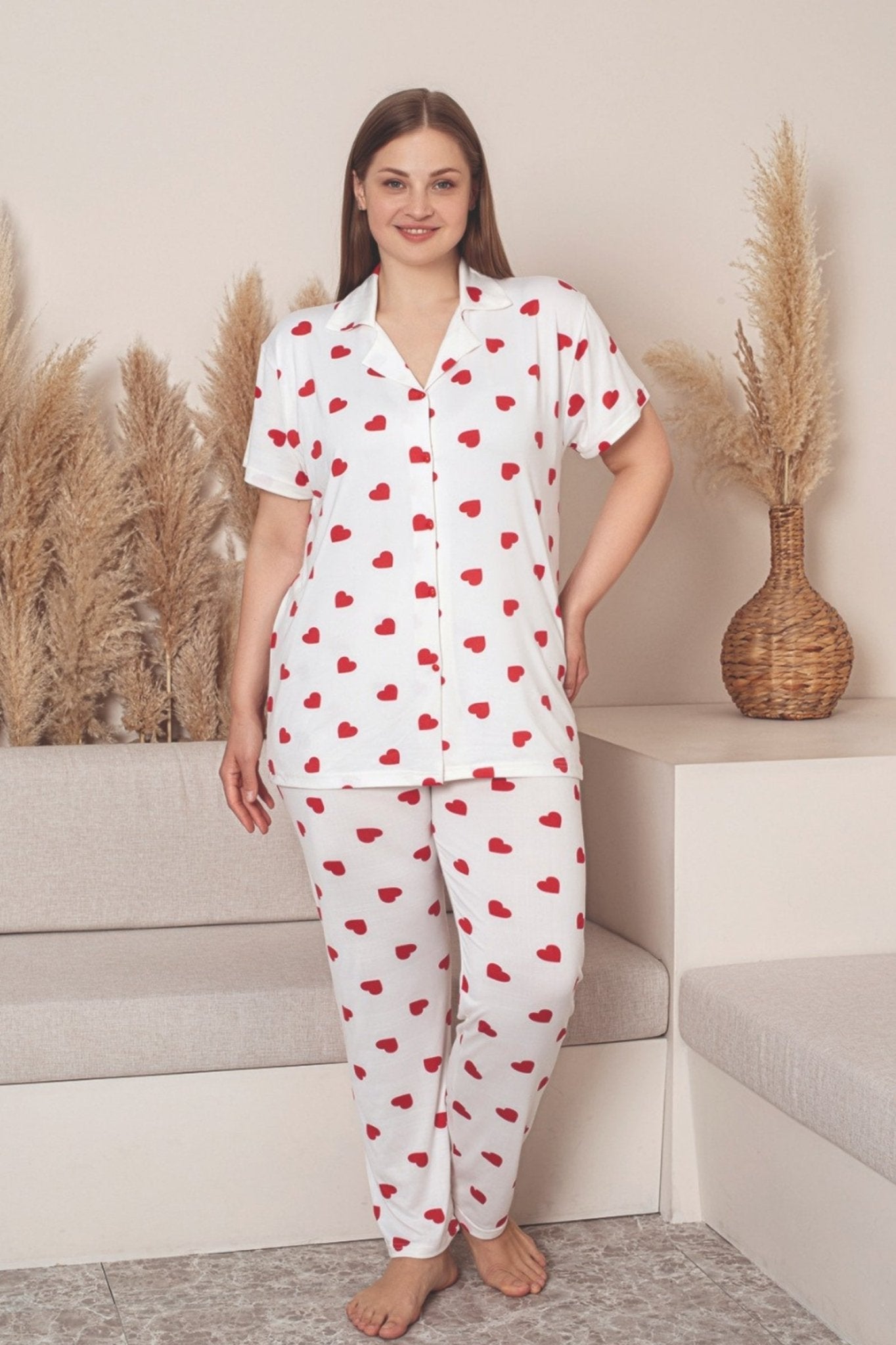 büyük beden milan düğmeli kalpli likrali gömlek pijama takimi - Justyol