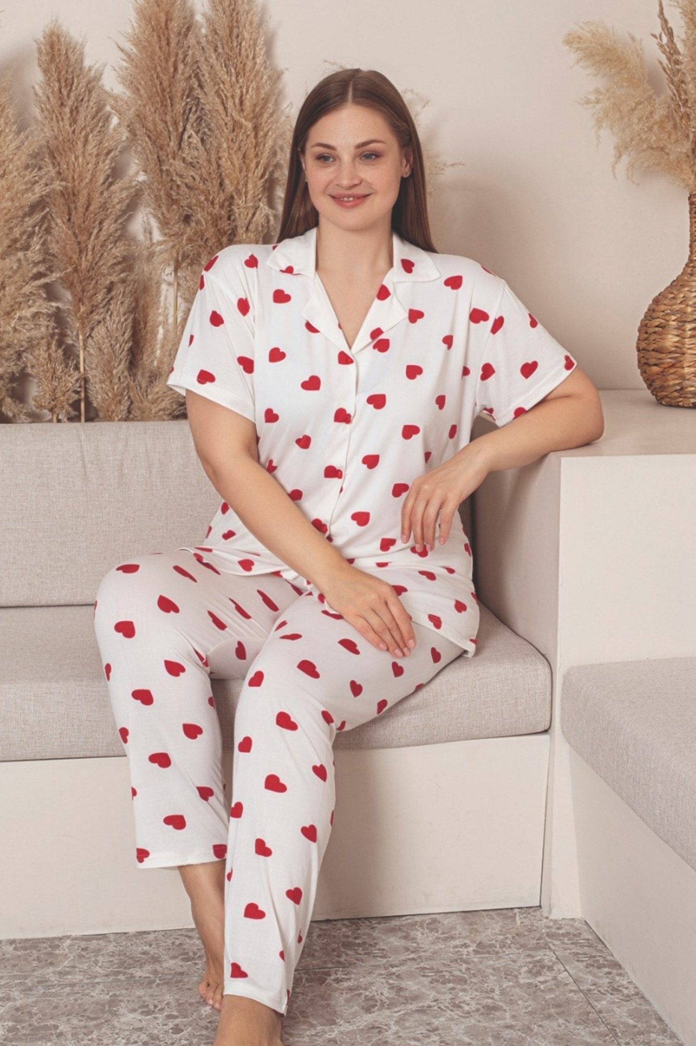 büyük beden milan düğmeli kalpli likrali gömlek pijama takimi - Justyol