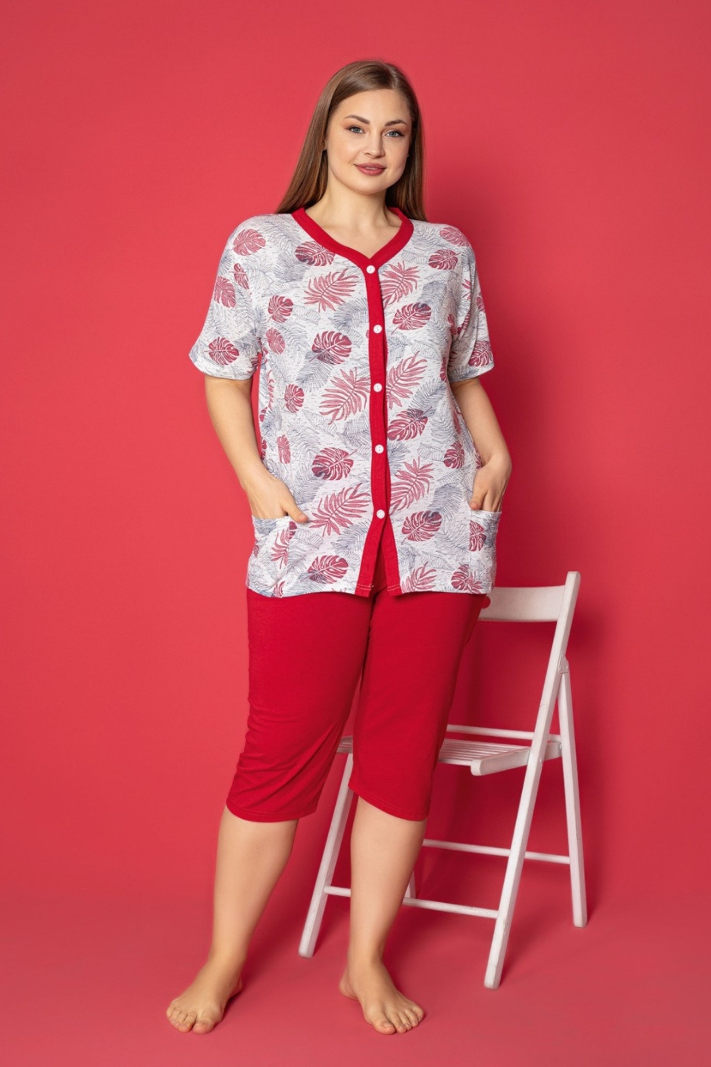 <tc>Ensemble de pyjama en coton avec poches, col à boutons et capri, grande taille, X-Dreamy.</tc>