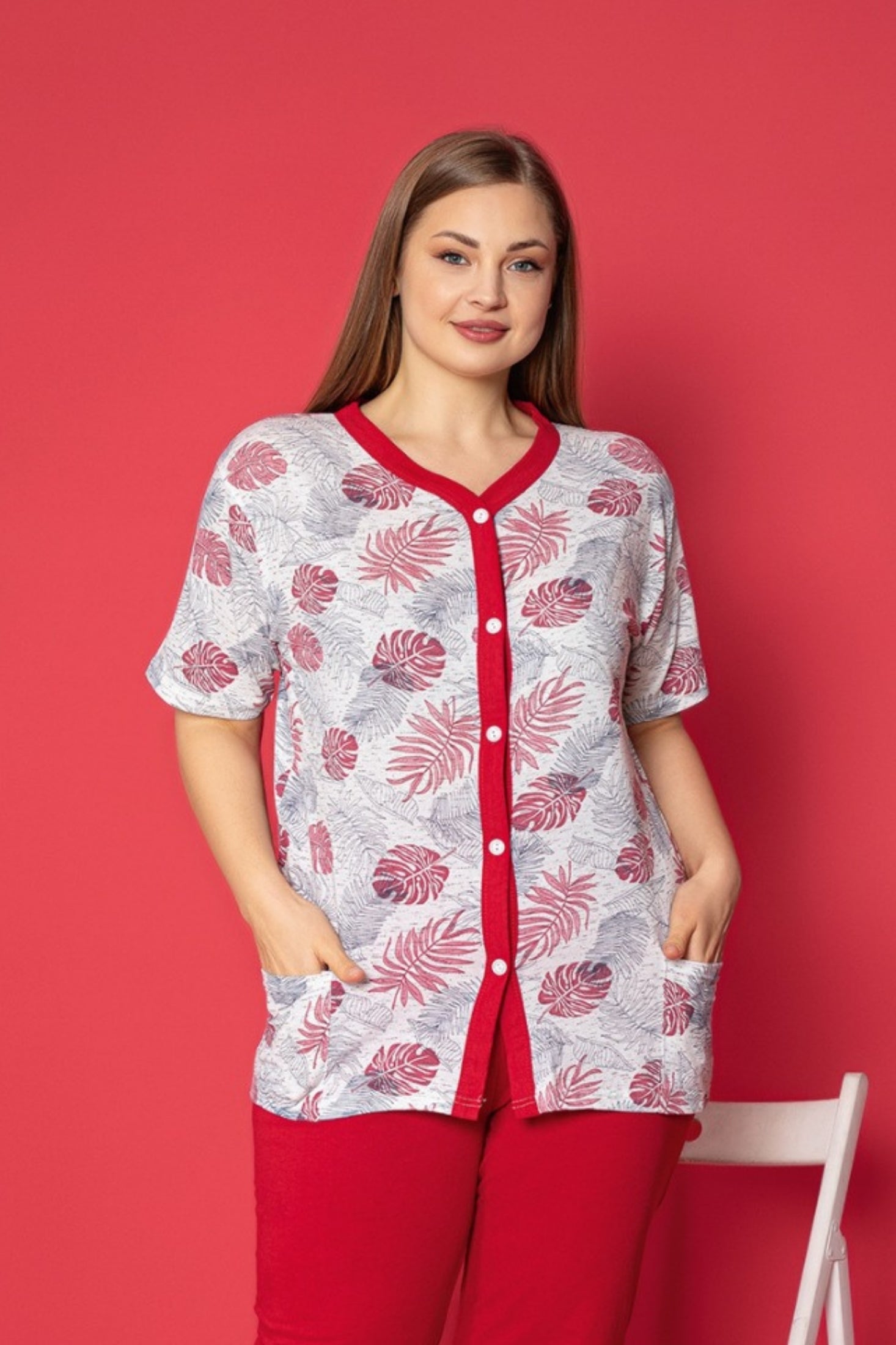 <tc>Ensemble de pyjama en coton avec poches, col à boutons et capri, grande taille, X-Dreamy.</tc>