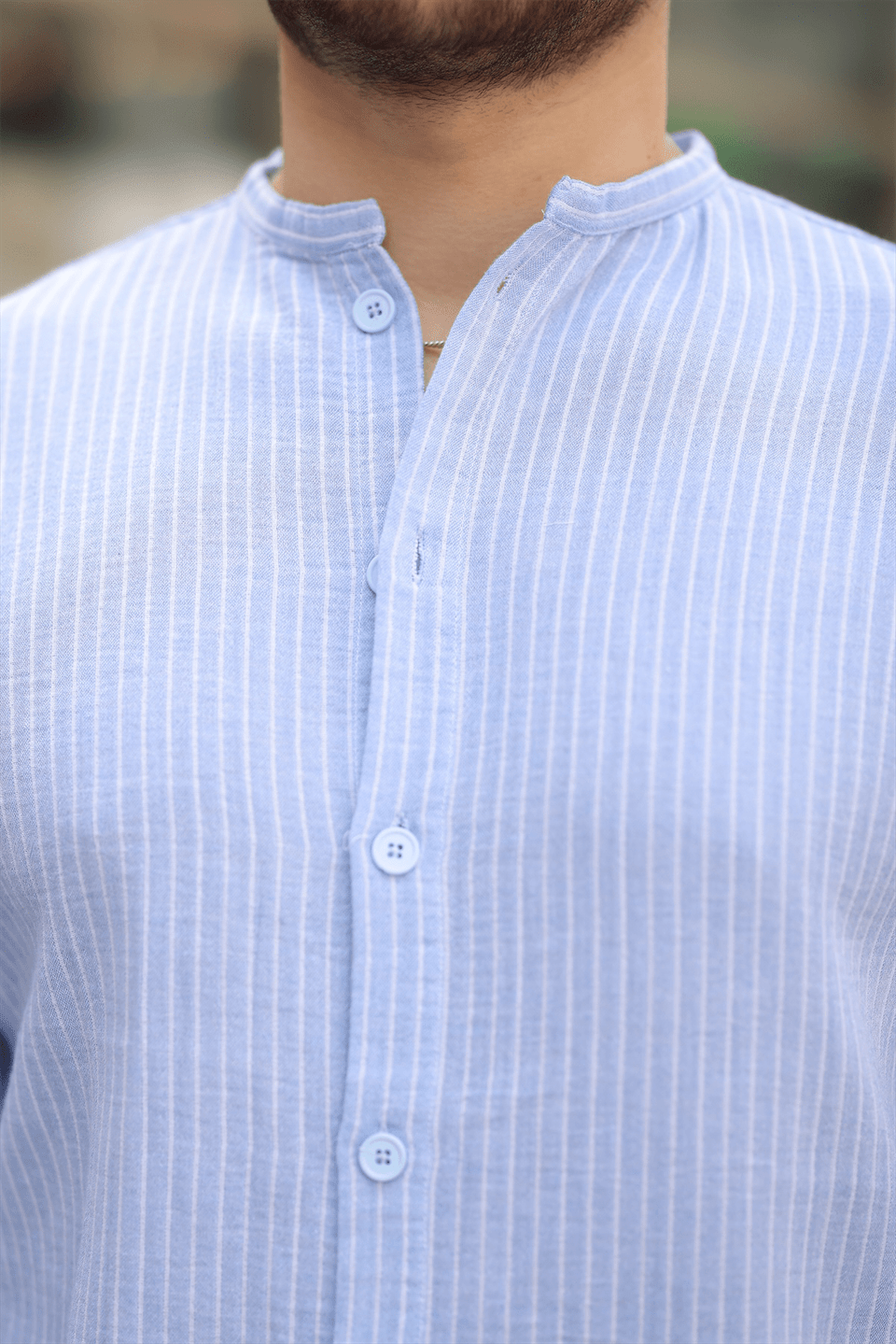 çizgili müslin kumaş yarim pat erkek gömlek - Justyol