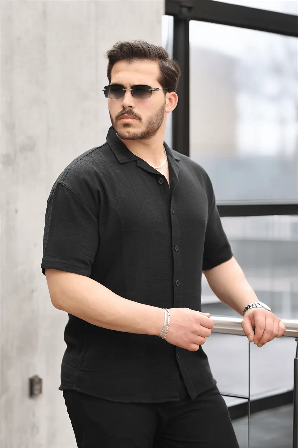 yarim oversize apaş yaka kisa kol müslin kumaş erkek gömlek - Justyol
