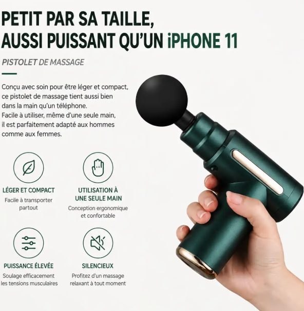 Pistolet de Massage Électrique, 6 Vitesses, 3200 tr/min, 8 mm, 4 Embouts, Recharge USB-C, Massage Musculaire-Noir