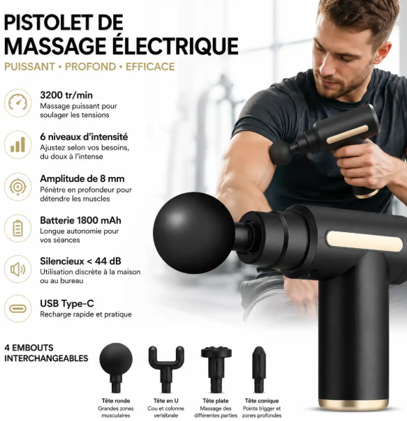Pistolet de Massage Électrique, 6 Vitesses, 3200 tr/min, 8 mm, 4 Embouts, Recharge USB-C, Massage Musculaire-Noir