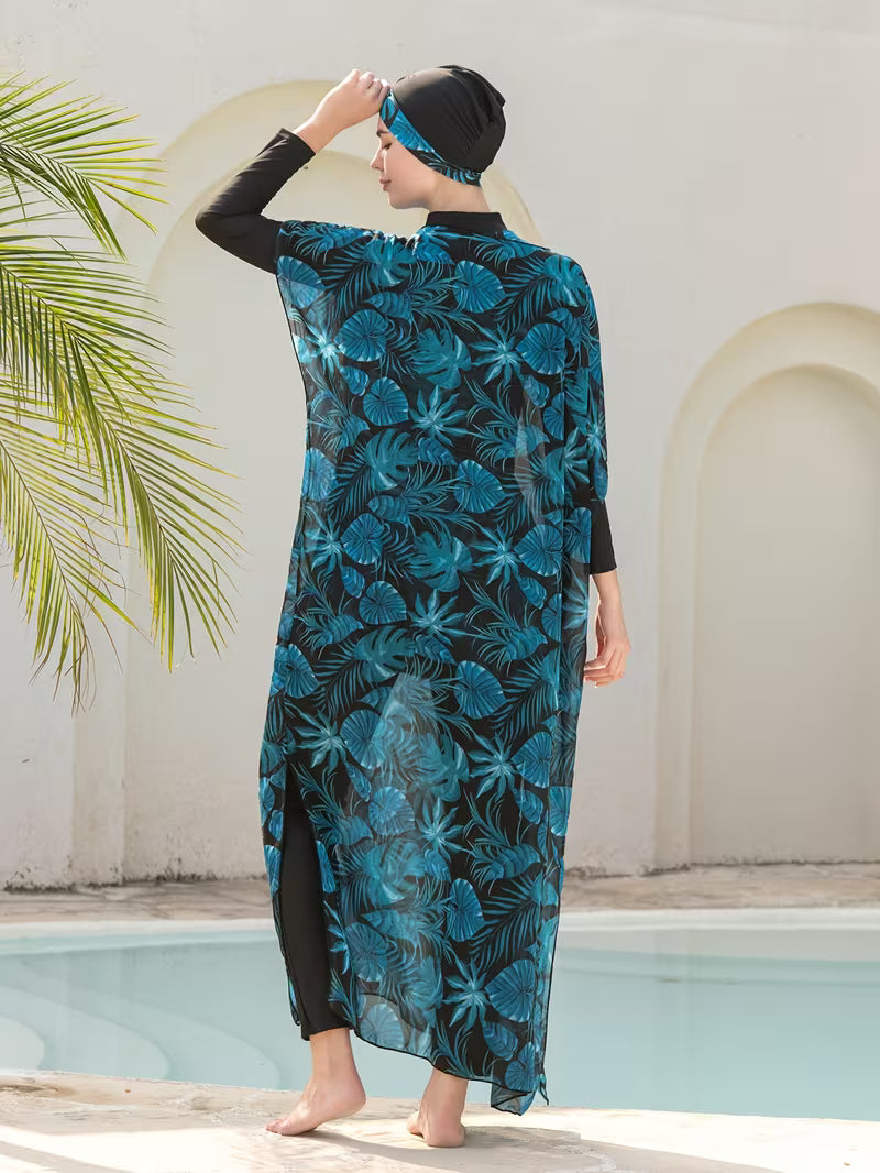 Ensemble Plage Femme 4 Pièces en Polyester – Maillot & Pareo Long