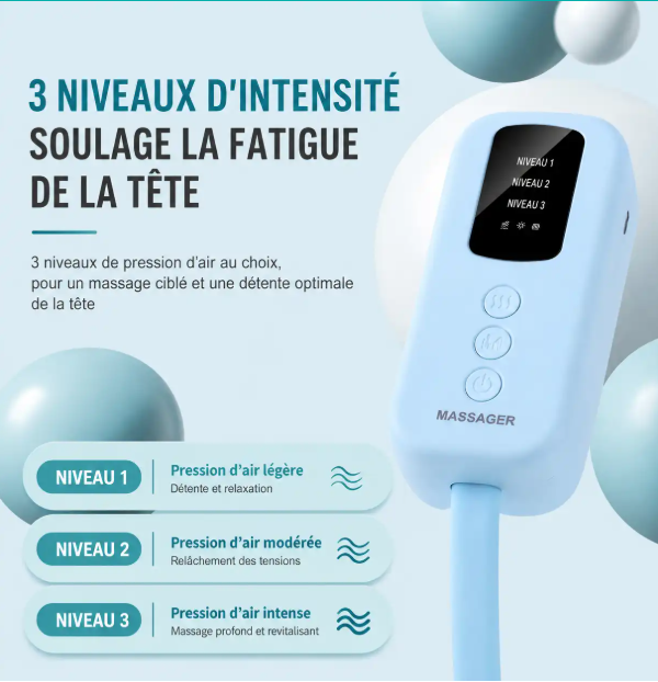Masseur de Tête Électrique Chauffant 42°C, Massage du Cuir Chevelu par Pression d’Air, 3 Modes, Relaxation Anti-Stress