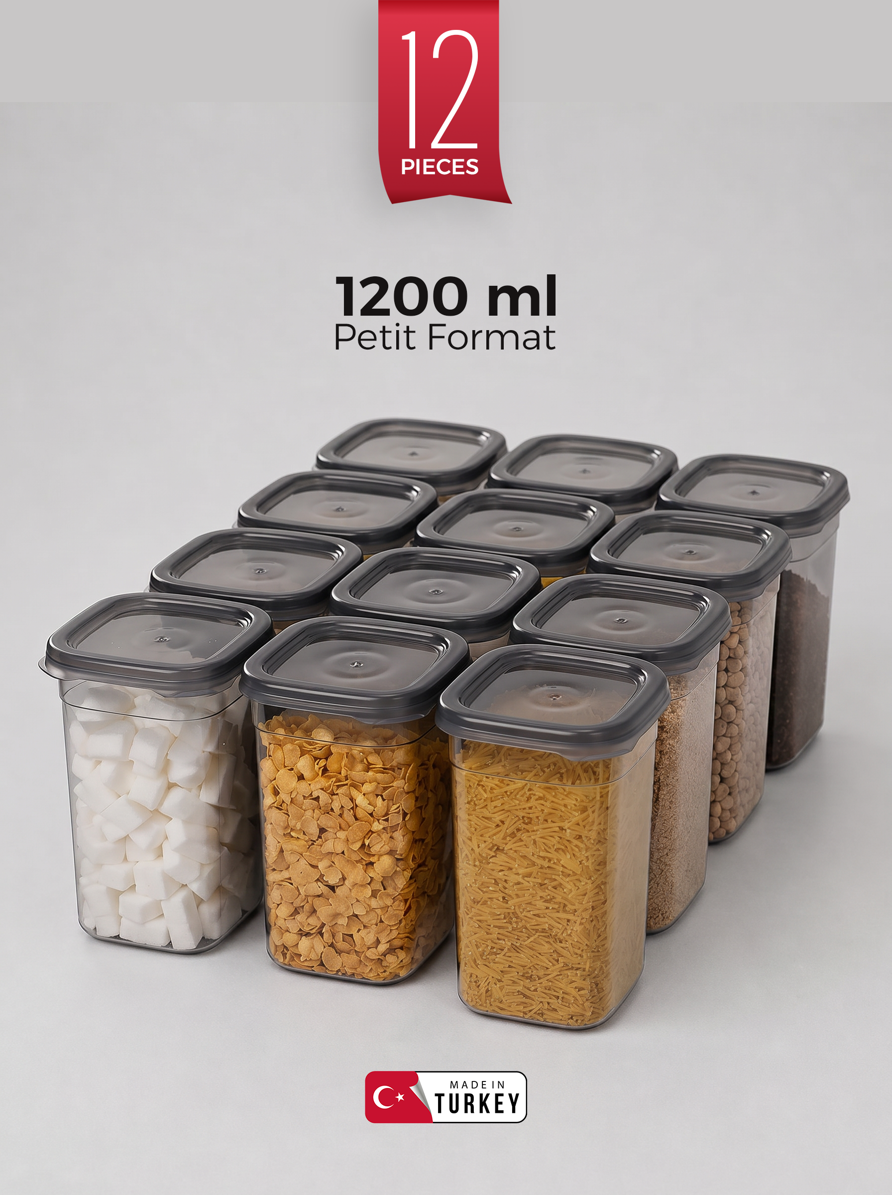 Set de 12 contenants carrés 1205 ml noirs avec étiquettes