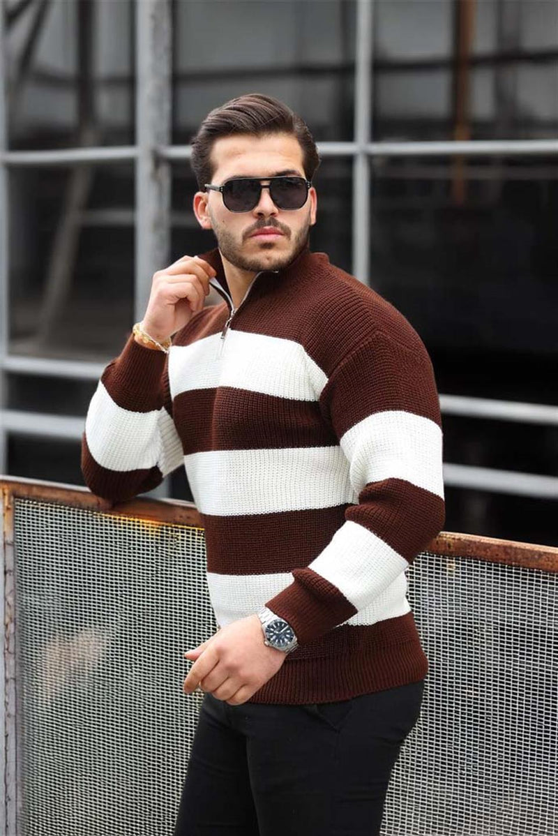 Pull Homme Pedro Rayé Demi-Zip en Maille Selanik