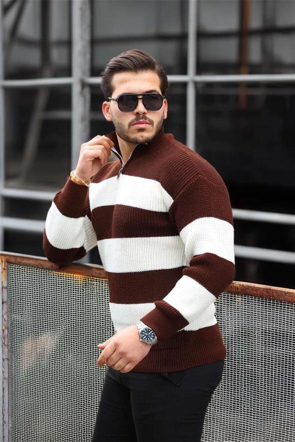 Pull Homme Pedro Rayé Demi-Zip en Maille Selanik