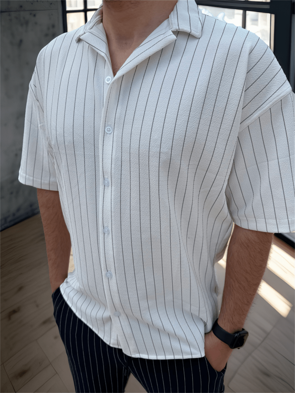 apaş yaka krep kumaş çizgili yarim oversize erkek gömlek - Justyol