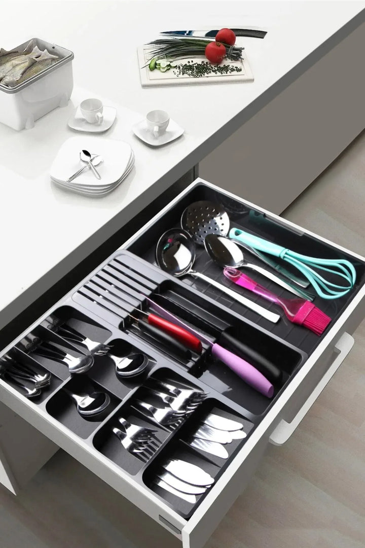 Organisateur de tiroir extensible avec support couteaux et cuillères – Anthracite